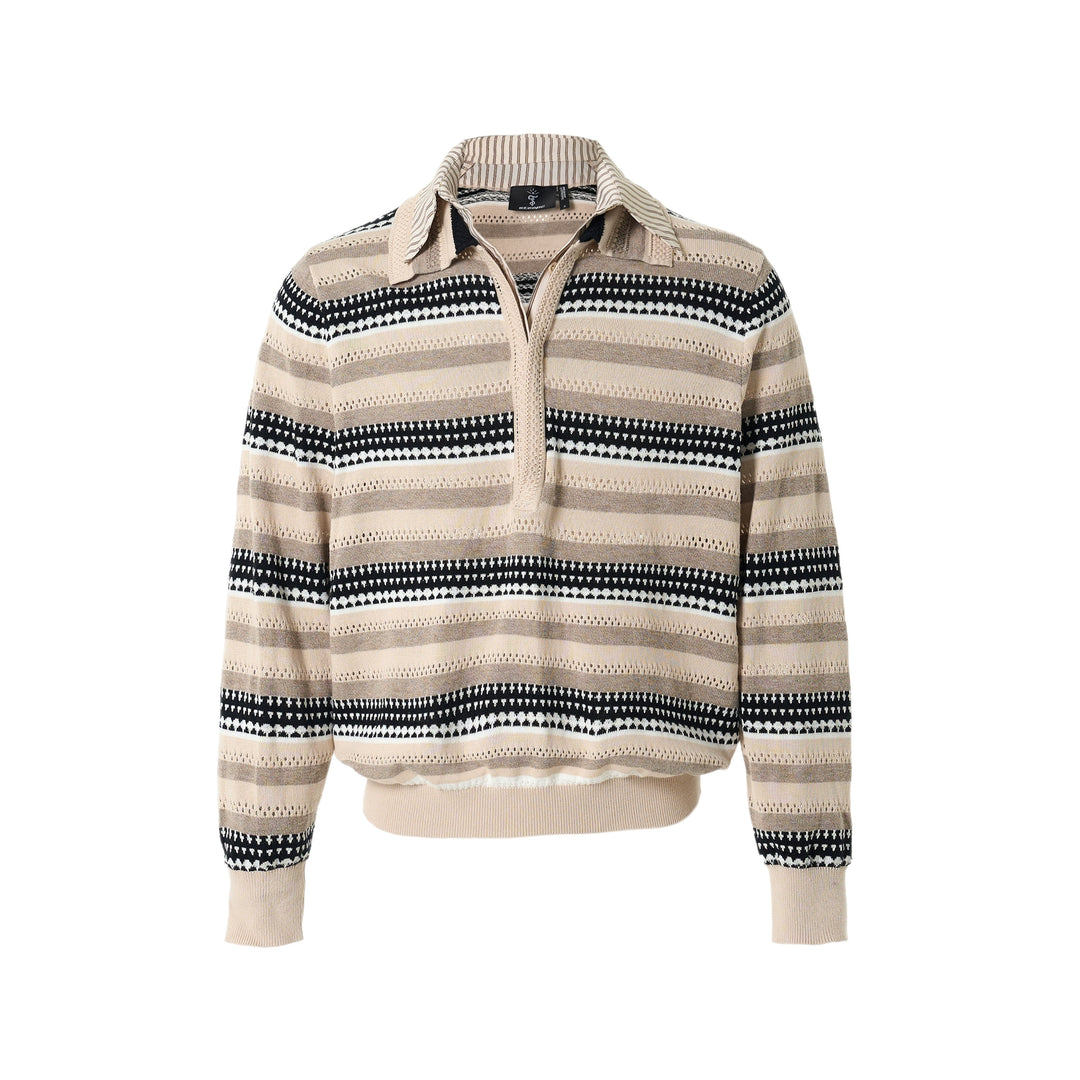 STEEPC Layered Design Knit Striped Long Sleeve Polo | Face 3 Face