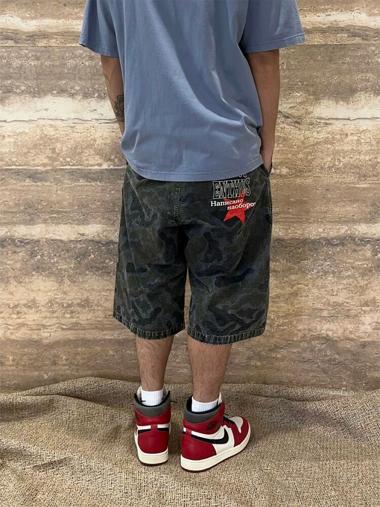 EVETS Washed Faded Camouflage Patchwork Shorts | Face 3 Face