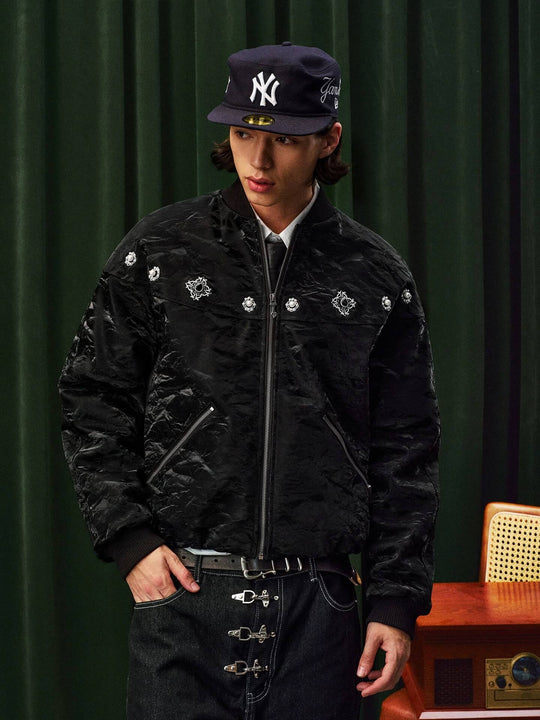 YADcrew Velvet PU Leather Pearl Jewelry Bomber Jacket | Face 3 Face