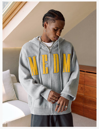 MEDM Basic Embroidered Logo Zip Up Knit Hoodie | Face 3 Face