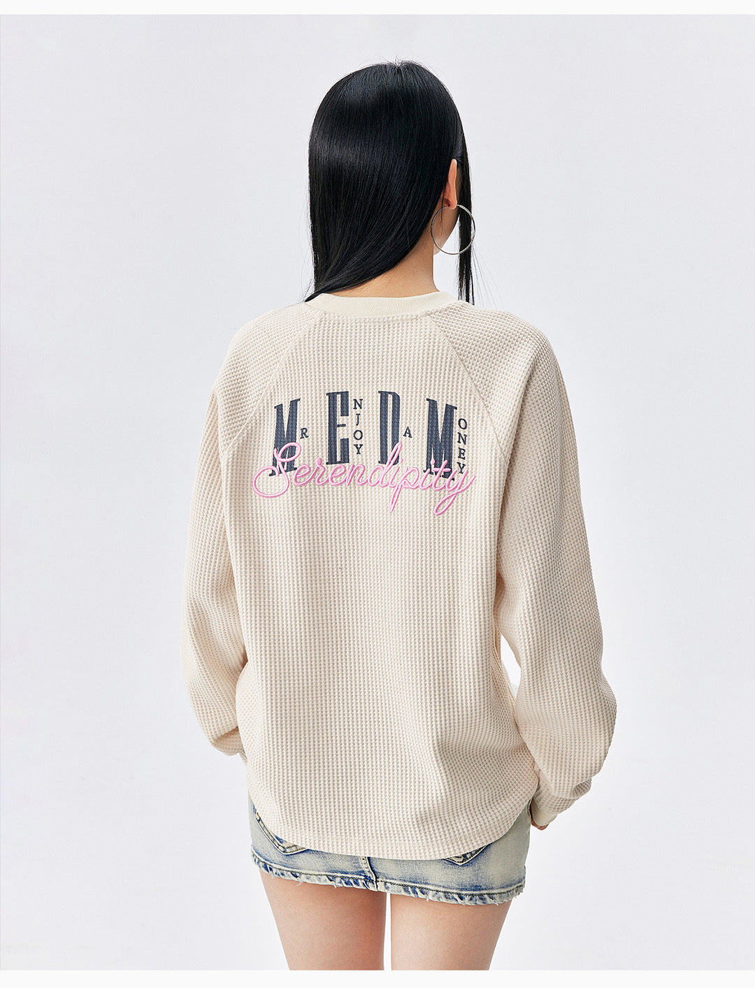MEDM Logo Embroidered Print Waffle Long Sleeve Tee | Face 3 Face