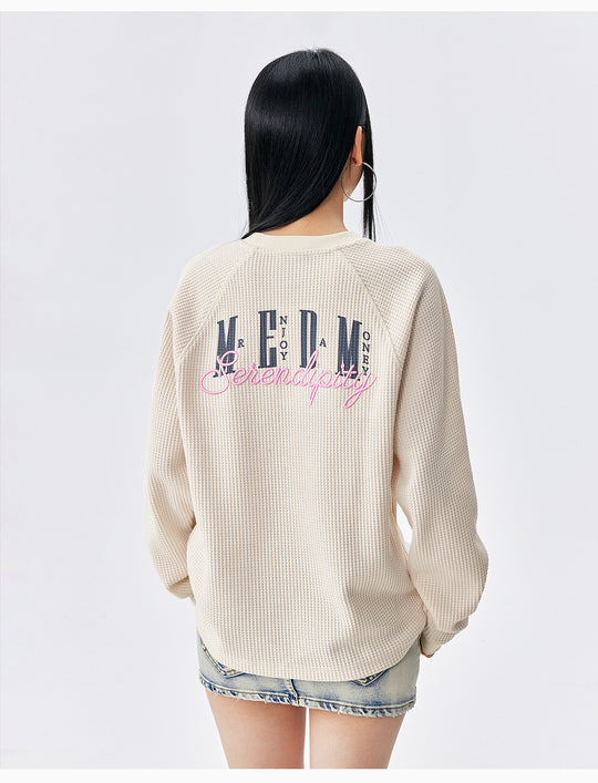 MEDM Logo Embroidered Print Waffle Long Sleeve Tee | Face 3 Face