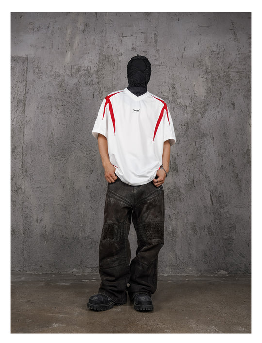 UNDERWATER White and Red Deconstructed Patchwork Embroidered Jersey Tee | Face 3 Face