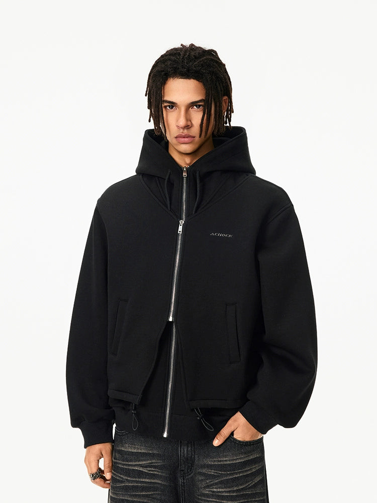 Achock Layered Double Zip Hooded Sweatshirt Jacket | Face 3 Face