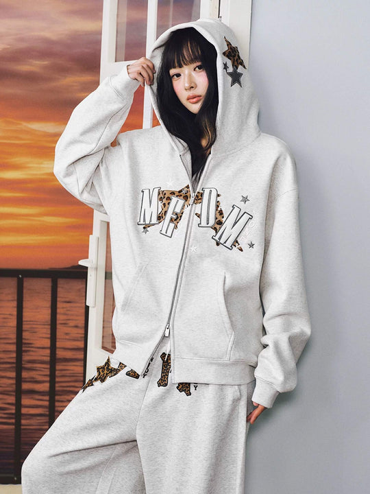 MEDM Leopard Print Star Patch Logo Embroidered Zip Up Hoodie | Face 3 Face