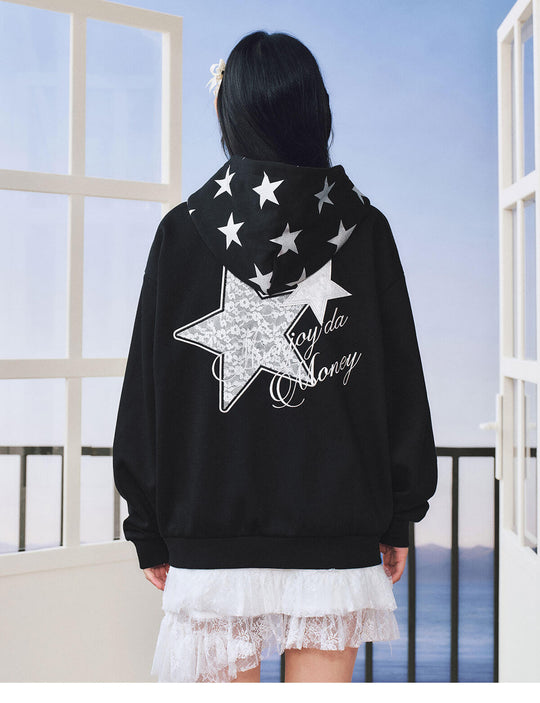 MEDM Lace Number Embroidered Star Print Zip Up Hoodie | Face 3 Face