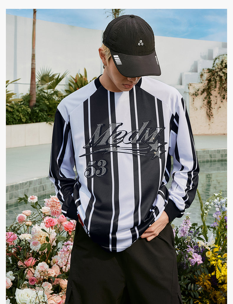 MEDM Rhinestone Logo Striped Soccer Jersey | Face 3 Face