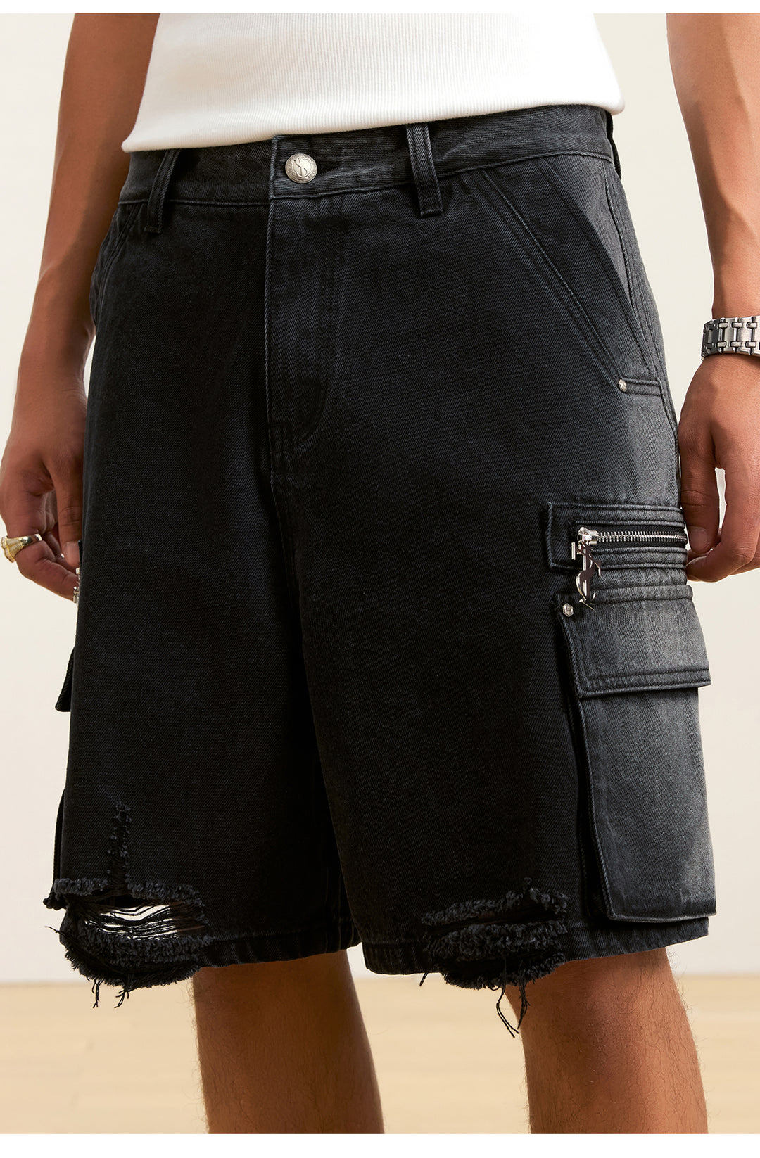 Small Town Kid Rivets Washed Denim Utility Cargo Shorts | Face 3 Face