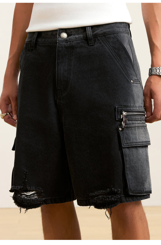 Small Town Kid Rivets Washed Denim Utility Cargo Shorts | Face 3 Face