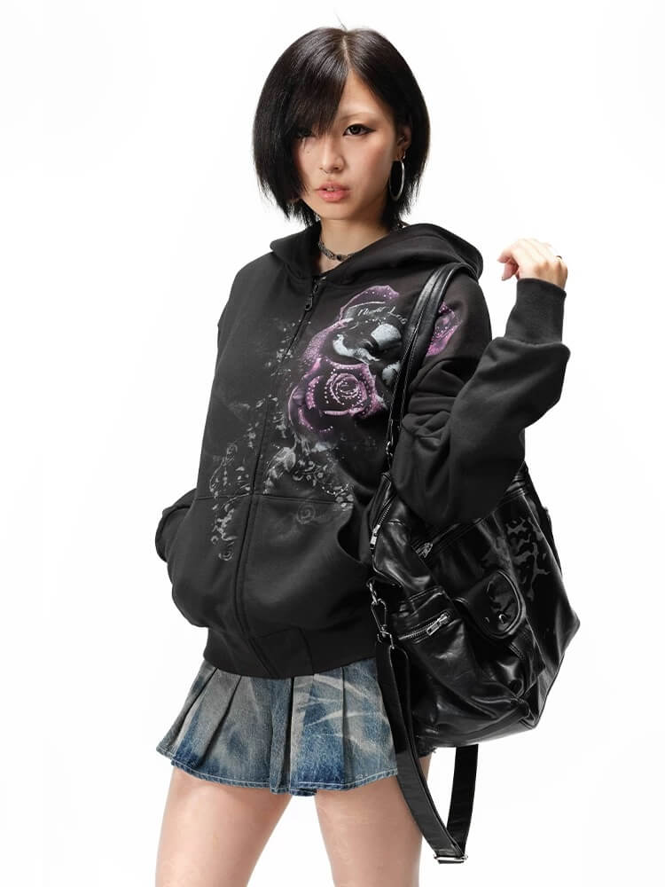 Night Lab Rose Skull Rhinestone Zip Up Hoodie | Face 3 Face