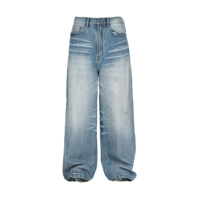 STEEPC Ice Blue Washed Cat Whisker Scratches Baggy Jeans | Face 3 Face