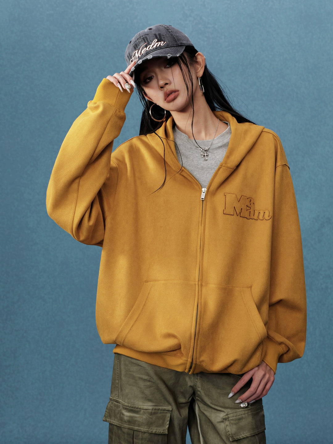 MEDM Suede Logo Patch Zip-Up Hoodie | Face 3 Face