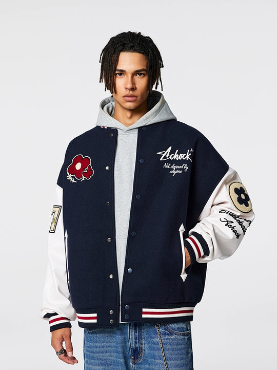 Racer varsity jacket | Achock Flower Logo Embroidery Varsity Jacket | Face 3 Face