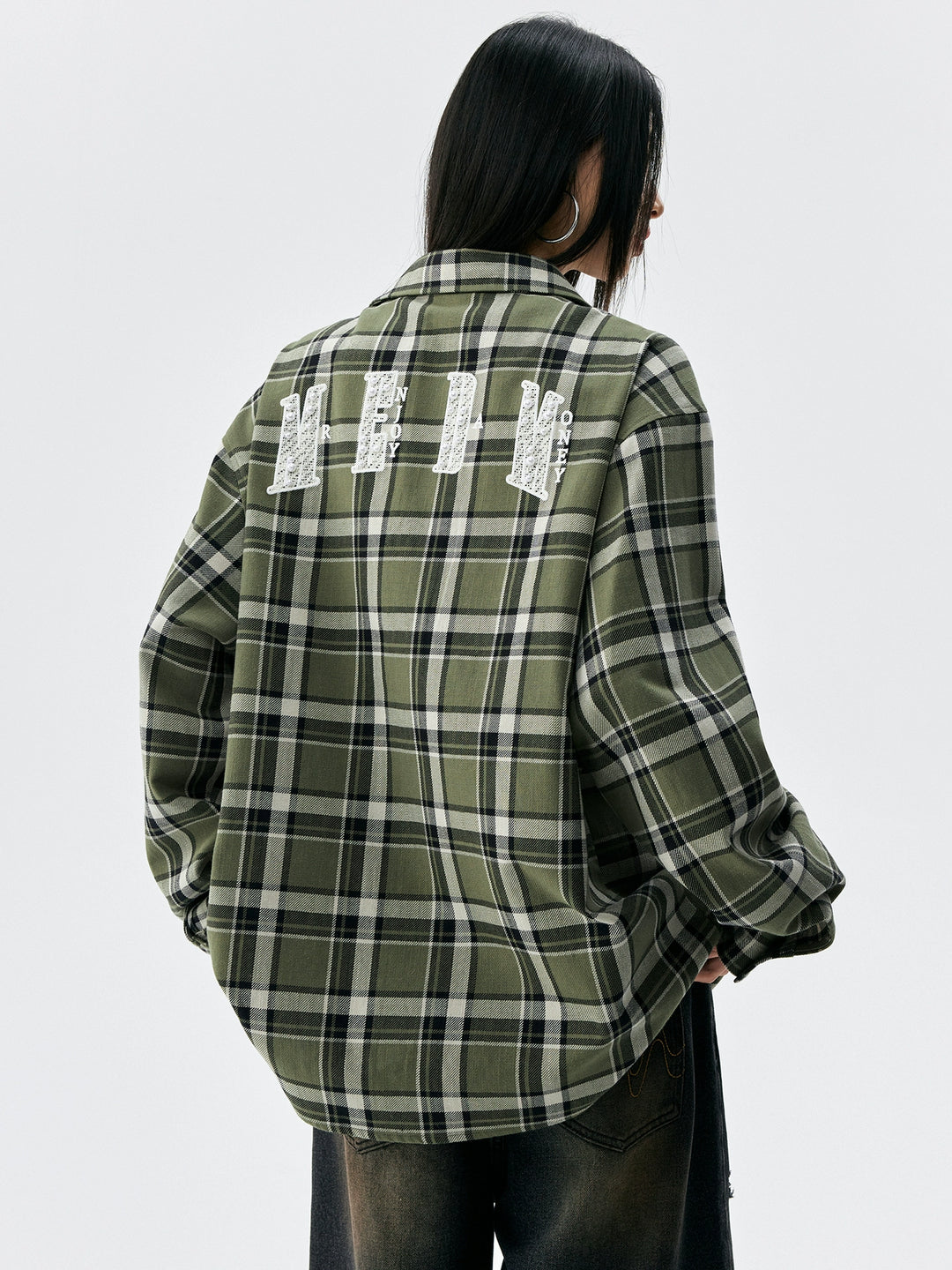 MEDM Green Pearl Embroidery Plaid Long Sleeve Shirt | Face 3 Face