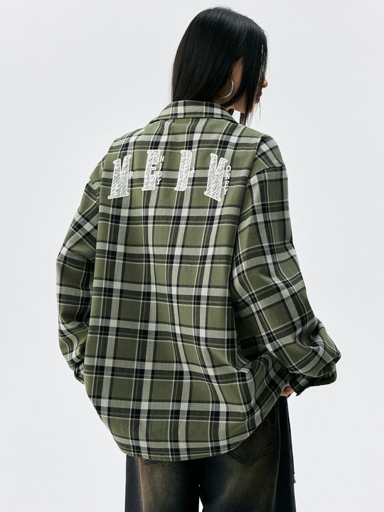 MEDM Green Pearl Embroidery Plaid Long Sleeve Shirt | Face 3 Face