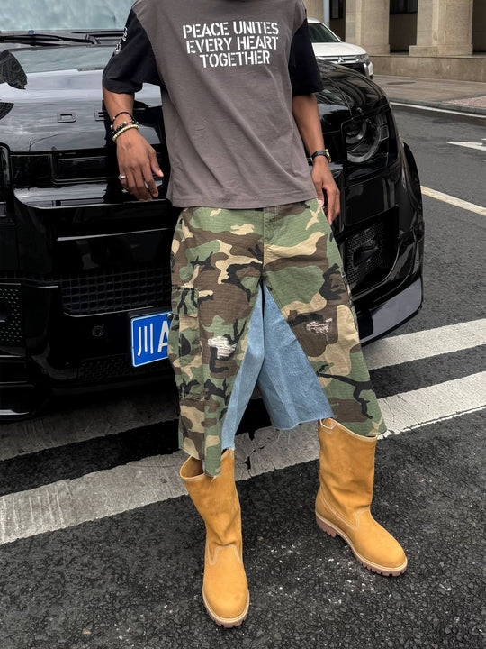 STEEPC M65 Camouflage Denim Rework Patchwork Baggy Cargo Shorts | Face 3 Face