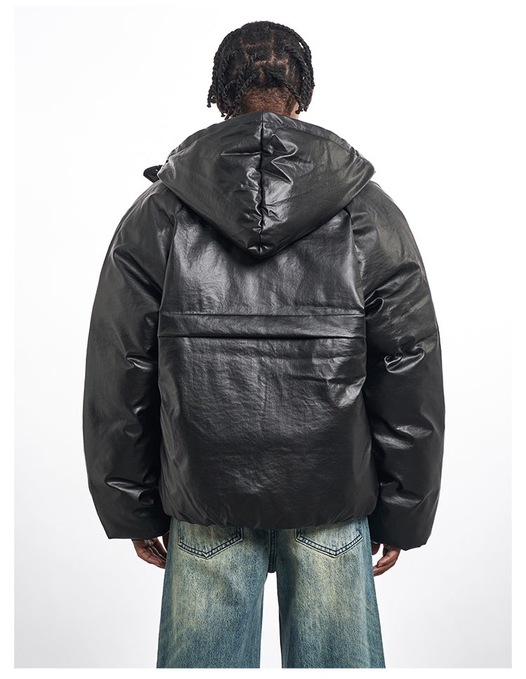F3F Select Windproof Hooded PU Leather Puffer Bomber Jacket | Face 3 Face