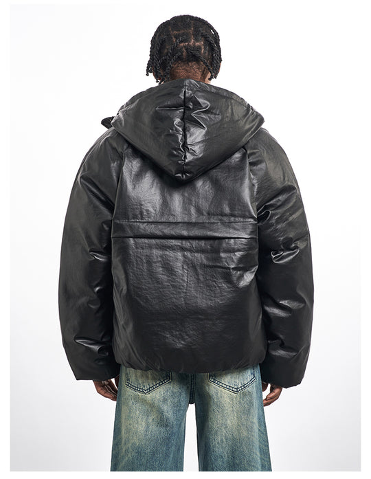F3F Select Windproof Hooded PU Leather Puffer Bomber Jacket | Face 3 Face