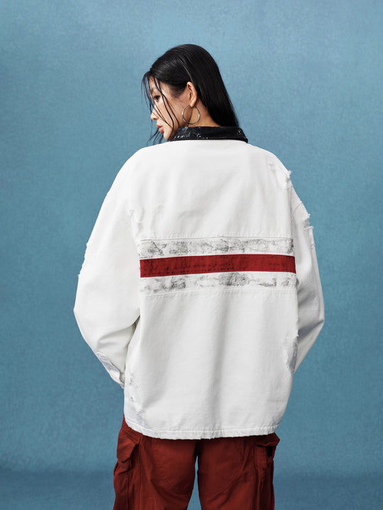 MEDM Asymmetric Collar Stripes Long Sleeve Polo | Face 3 Face