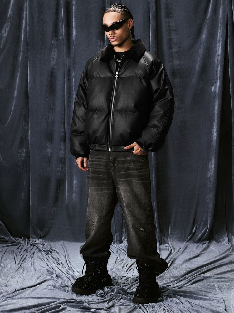 1807 Fur Collar PU Leather Down Jacket | Face 3 Face