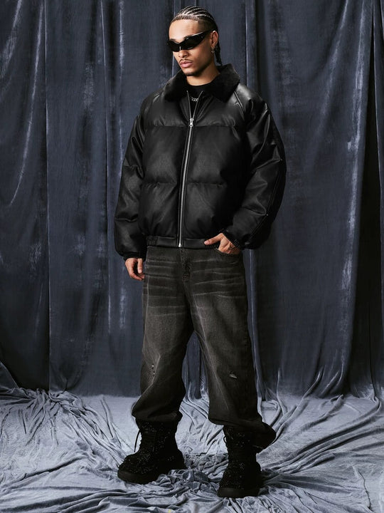 1807 Fur Collar PU Leather Down Jacket | Face 3 Face