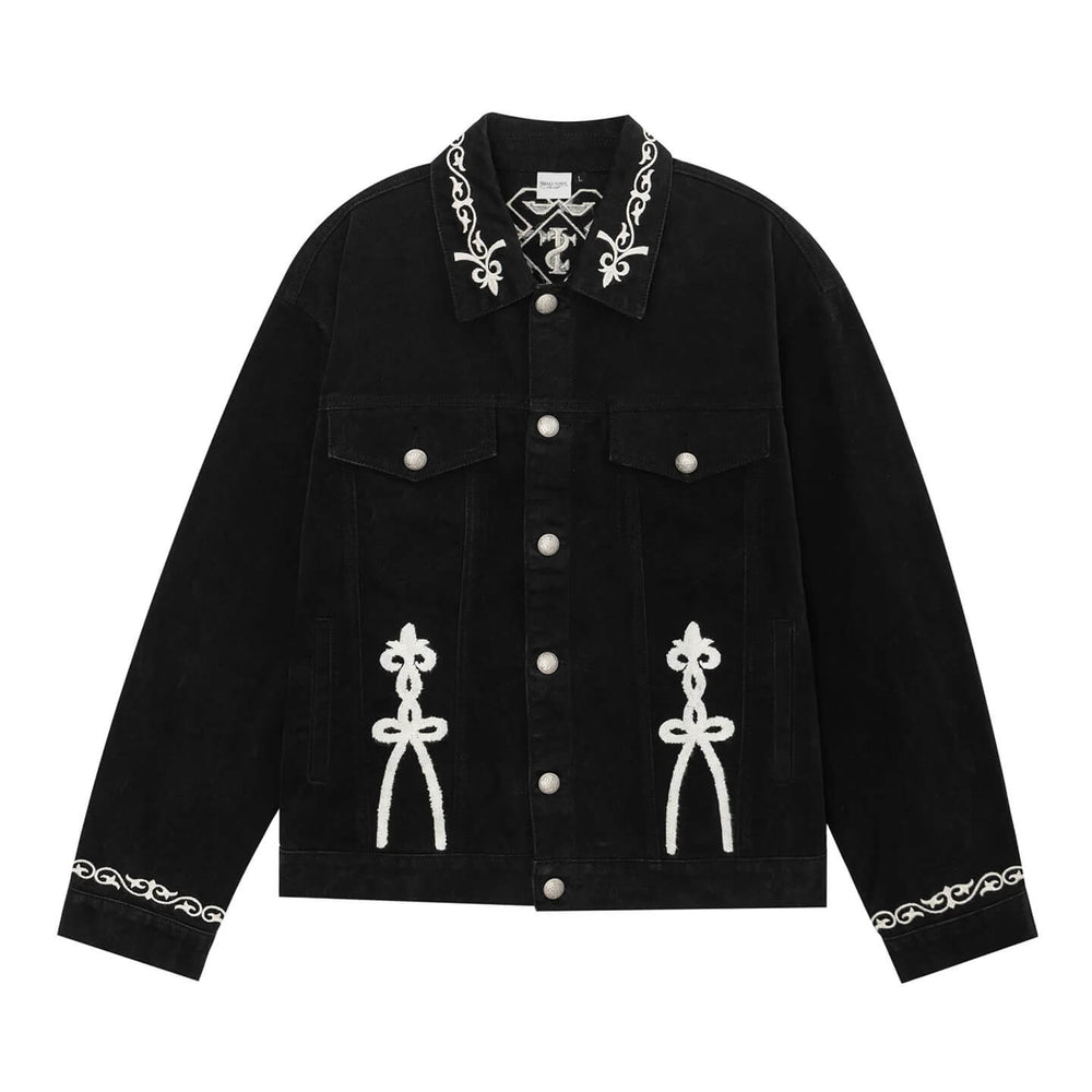 Small Town Kid Ethnic Embroidered Black Denim Jacket | Face 3 Face