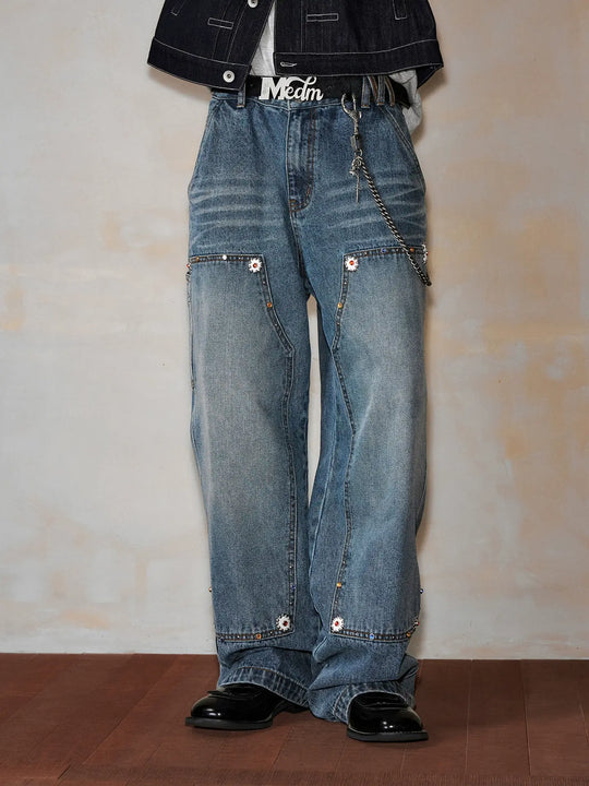 MEDM Gemstone Studded Double Knee Washed Jeans | Face 3 Face