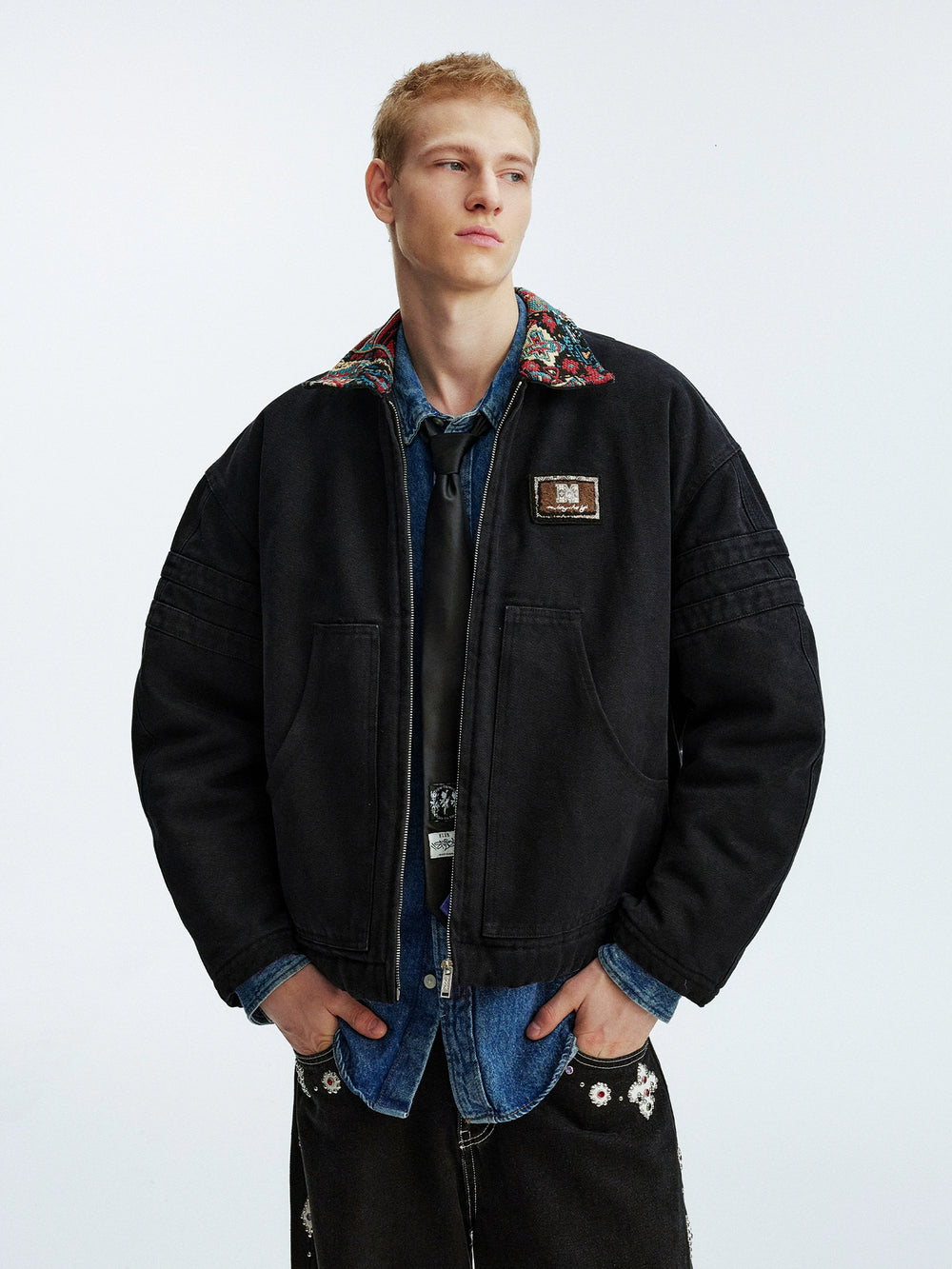 MEDM Ethnic Collar Patch Pocket Quilted Lined Work Jacket | Face 3 Face