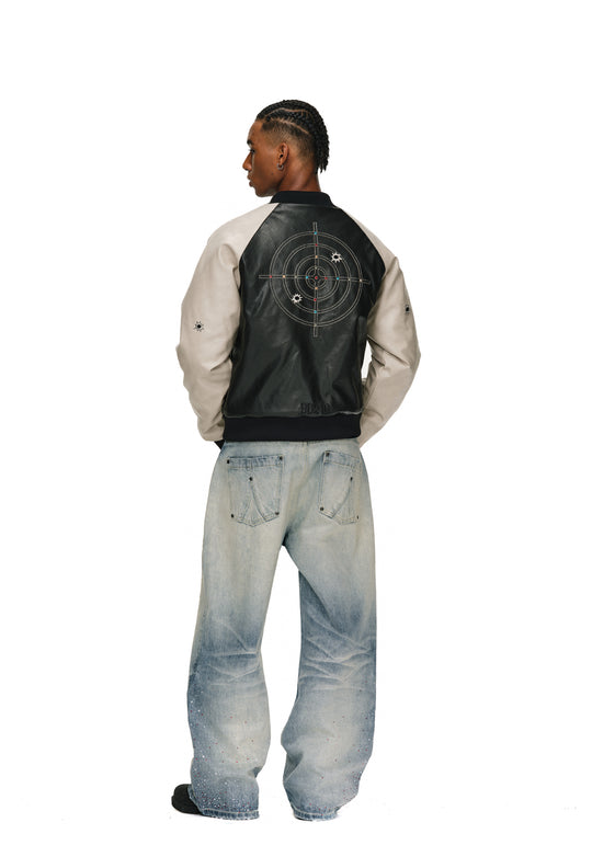 ANTIDOTE Bullseye Color Diamond Studded Leather Baseball Jacket | Face 3 Face
