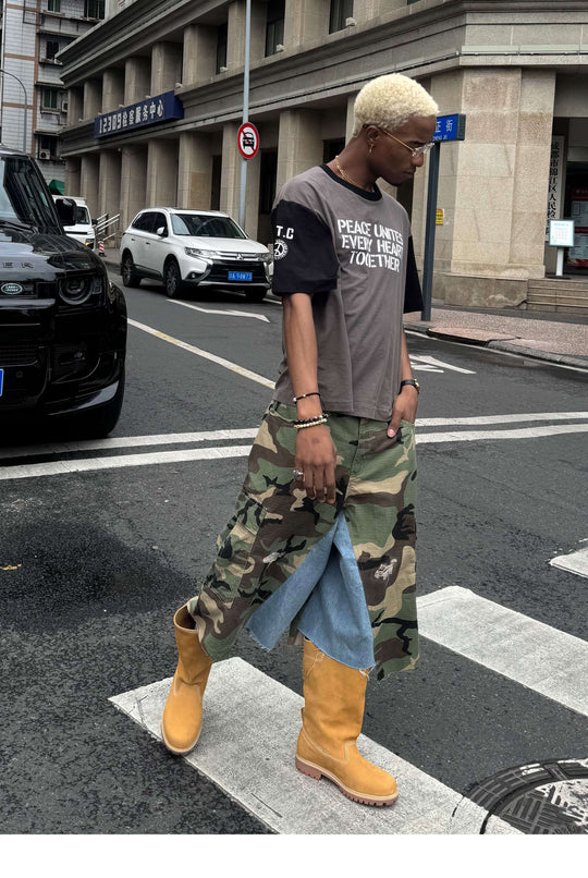 STEEPC M65 Camouflage Denim Rework Patchwork Baggy Cargo Shorts | Face 3 Face