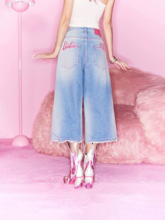 1807 Barbie Collaboration Rhinestone Detail Embroidered Denim Cropped Shorts | Face 3 Face