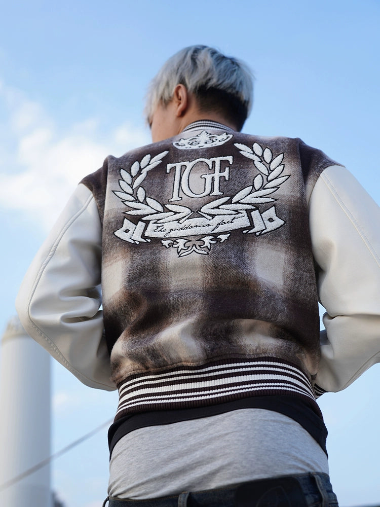 TGFCLUB Embroidered Plaid PU Leather Varsity Jacket | Face 3 Face