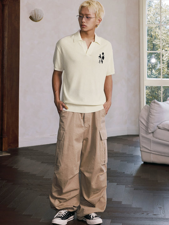 MEDM Rose Embroidered Textured Stripe Knit Polo | Face 3 Face