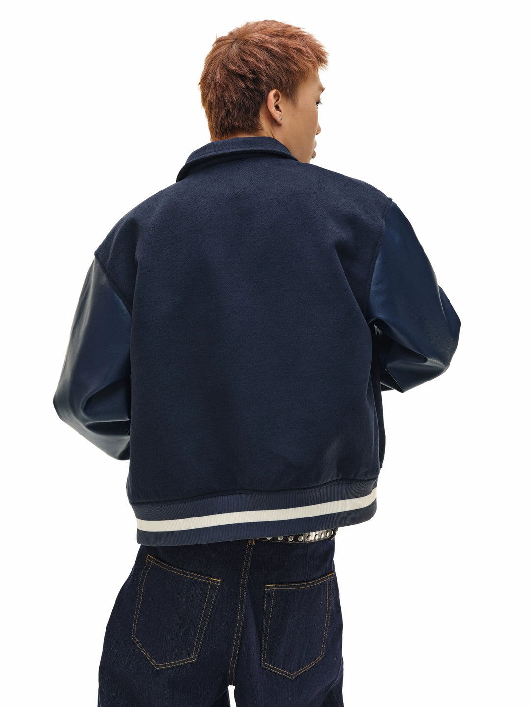 NOVACAM Navy Blue Short Basic Varsity Jacket | Face 3 Face