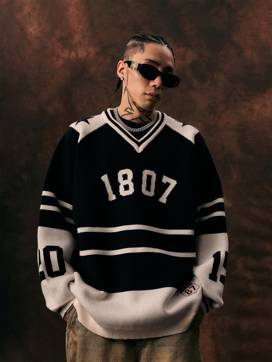1807 Black & White Striped Hockey Jersey Knit Sweater  | Face 3 Face