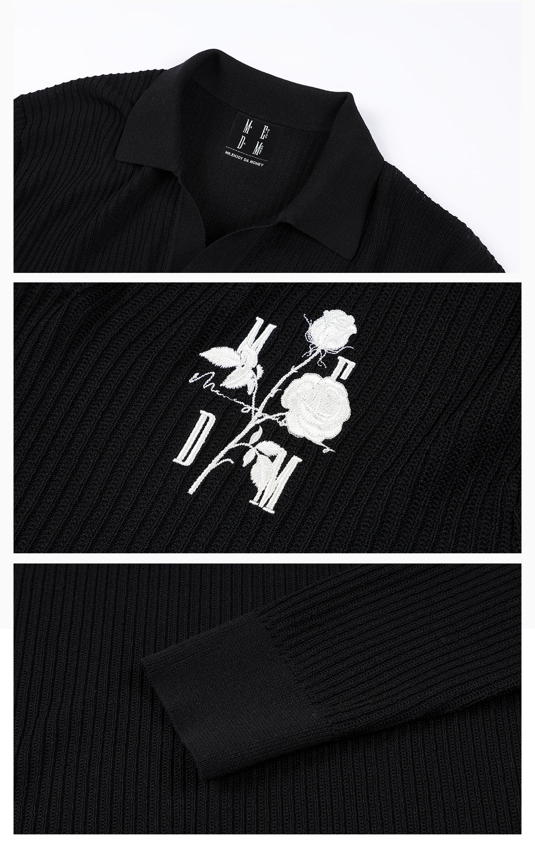 MEDM Rose Embroidered Textured Stripe Knit Long Sleeve Polo | Face 3 Face