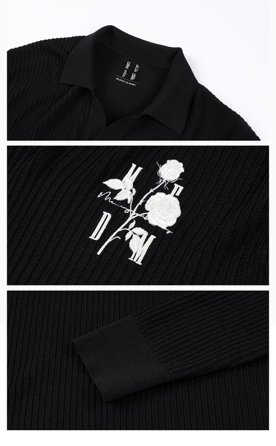 MEDM Rose Embroidered Textured Stripe Knit Long Sleeve Polo | Face 3 Face