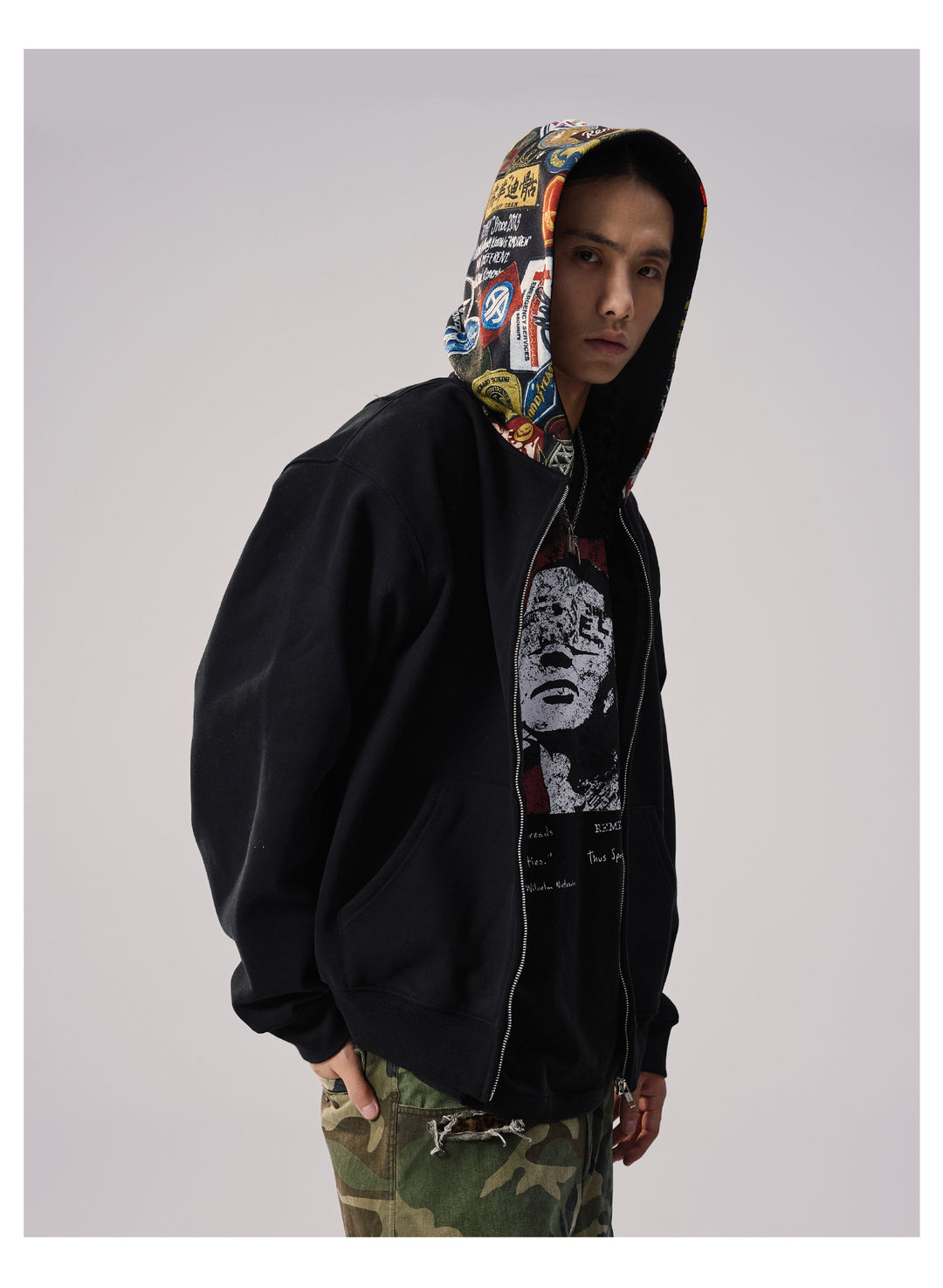 Remedy Badge Print Hood Zip Up Hoodie | Face 3 Face