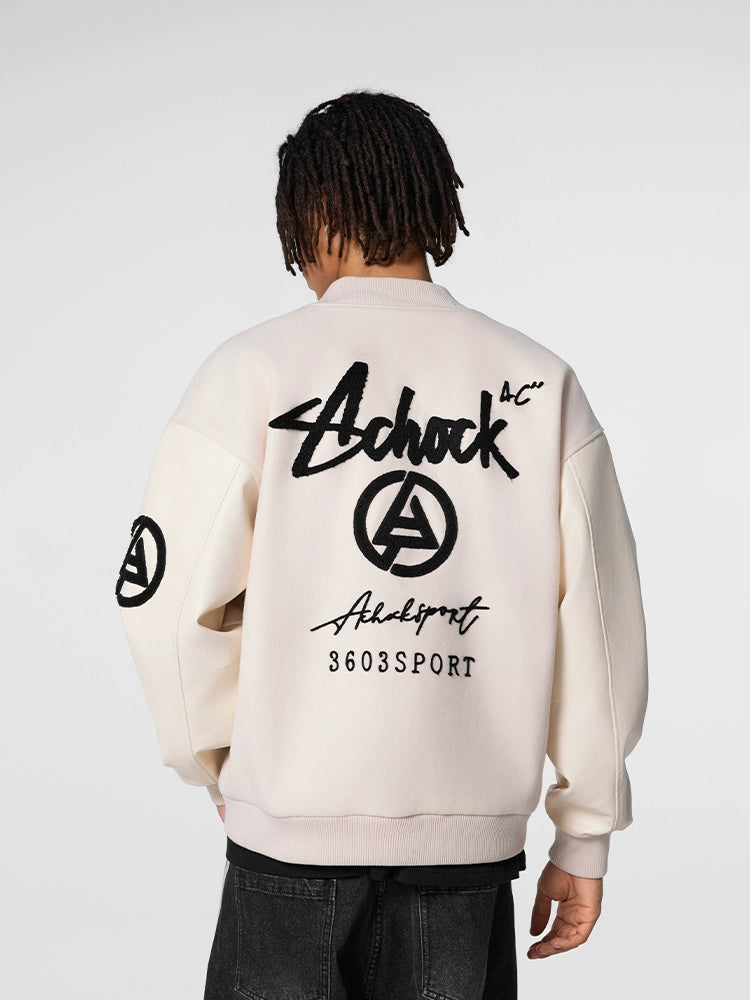 Racer varsity jacket | Achock Graffiti Logo Embroidery PU Leather Varsity Jacket | Face 3 Face