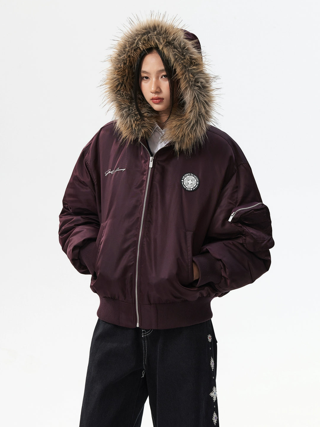 MEDM Silicone Logo Patch Fur Hooded Bomber Jacket | Face 3 Face