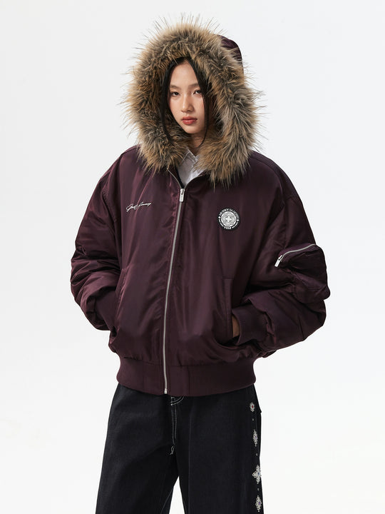 MEDM Silicone Logo Patch Fur Hooded Bomber Jacket | Face 3 Face