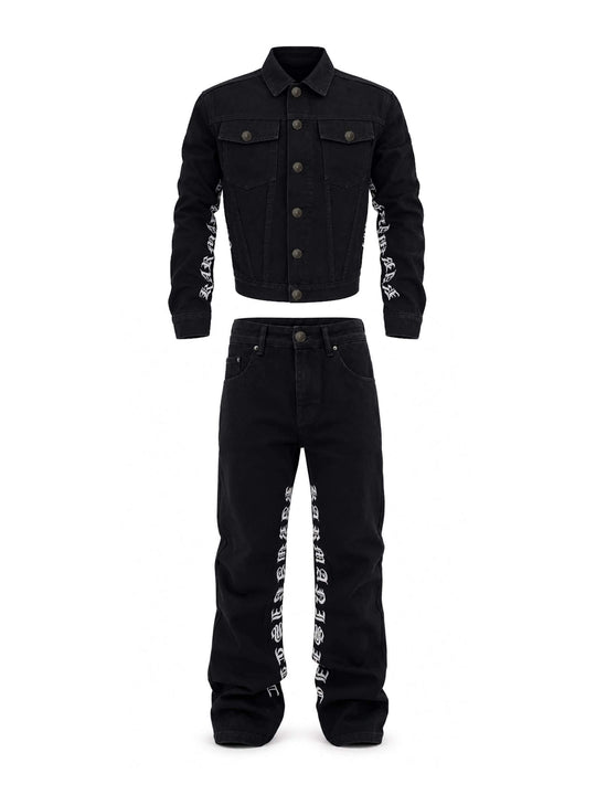 KARMANISTIC Gothic Lettering Embroidered Denim Jacket | Face 3 Face
