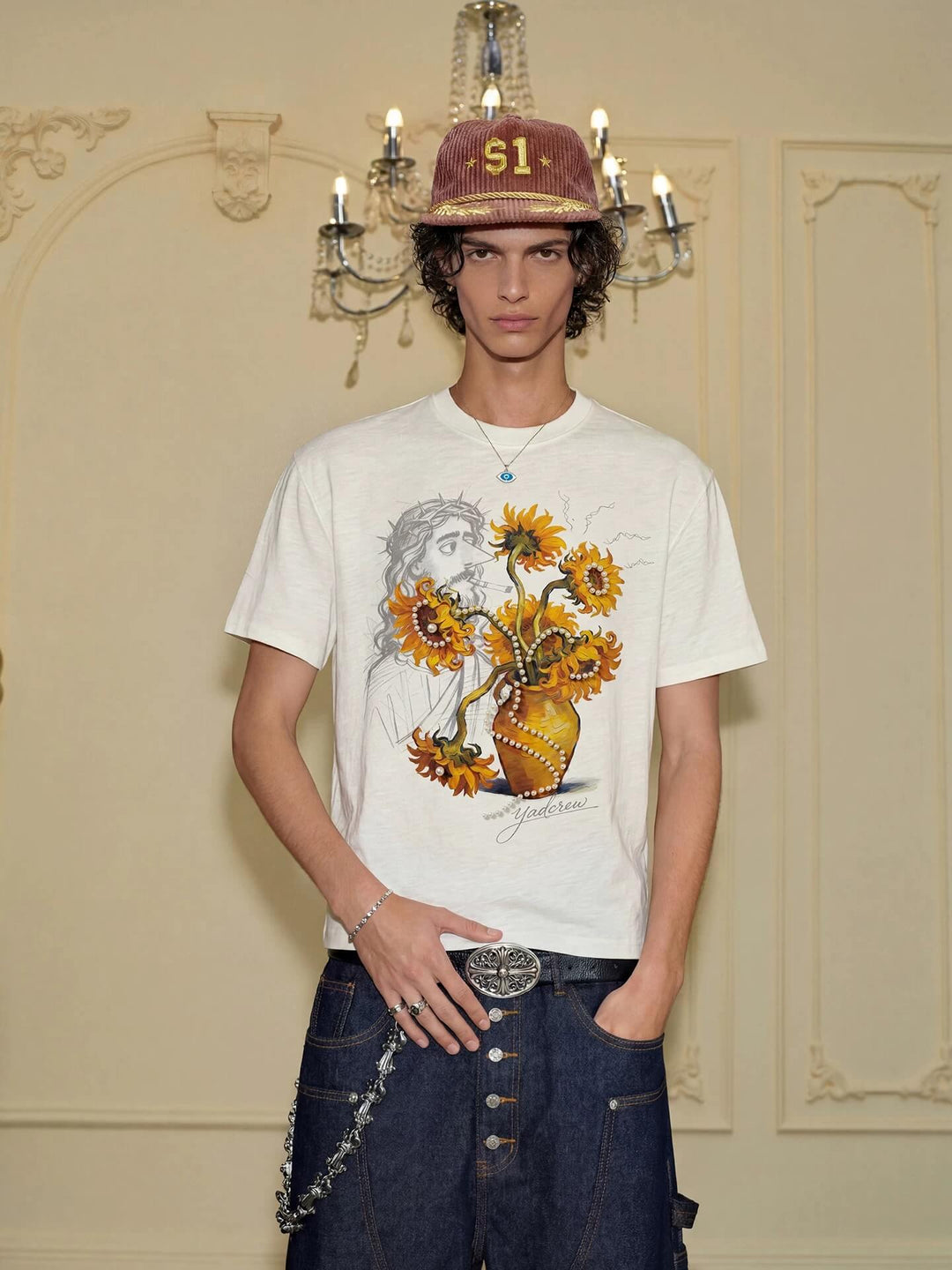 YADcrew Sunflower Jesus Print Pearl Embellished Tee | Face 3 Face