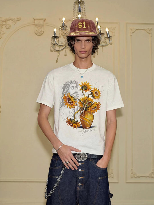 YADcrew Sunflower Jesus Print Pearl Embellished Tee | Face 3 Face