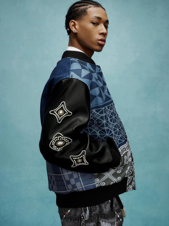 YADcrew x MEDM Patchwork Ethnic Pattern Varsity Jacket | Face 3 Face