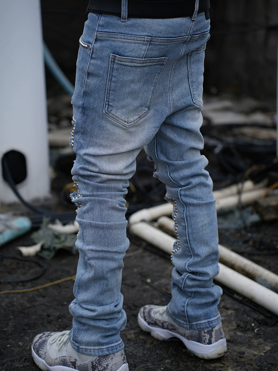TGFCLUB Stud Beads Hole Washed Slim Fit Jeans | Face 3 Face