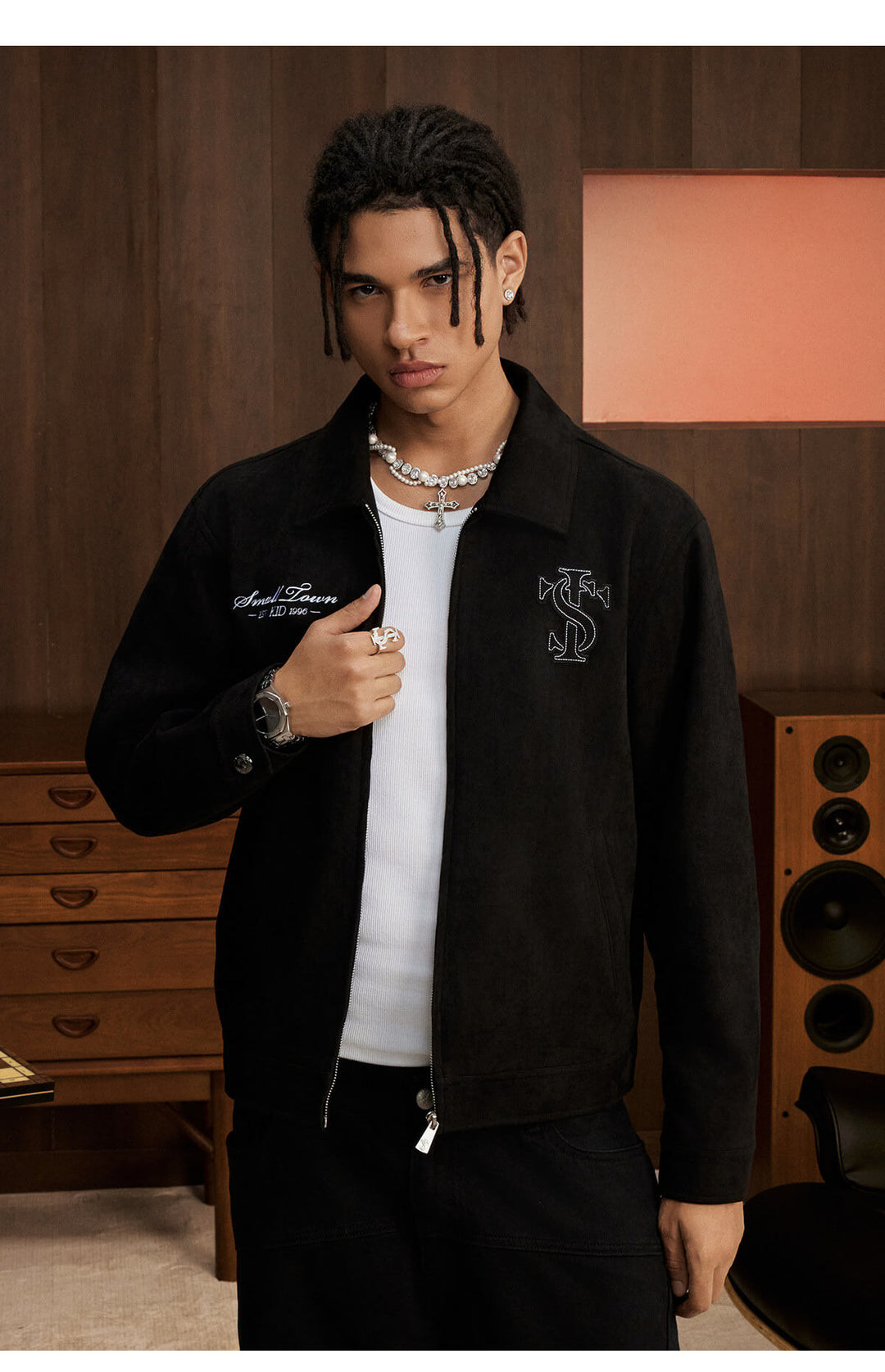 Small Town Kid Faux Suede Logo Patch Work Jacket | Face 3 Face