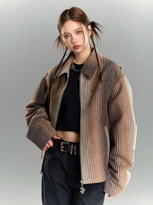 YADcrew Gradient Pleated Striped Shirt Jacket