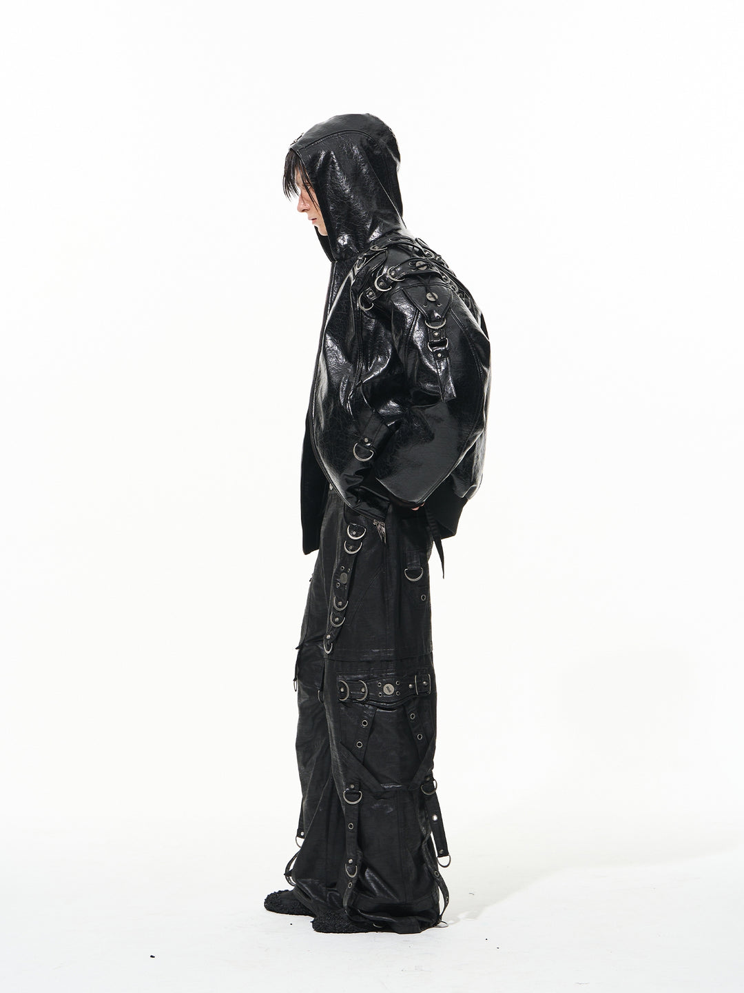 BLIND NO PLAN Metal-Decorated Hooded Leather Bomber Jacket | Face 3 Face