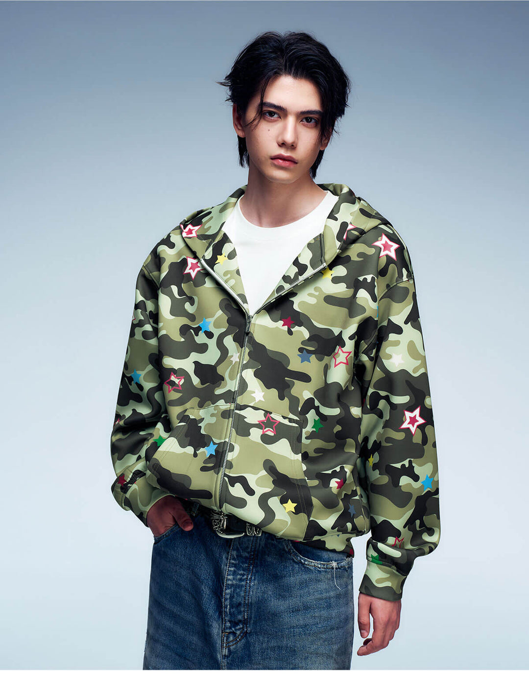 MEDM All Over Colorful Star Camouflage Zip Up Hoodie | Face 3 Face